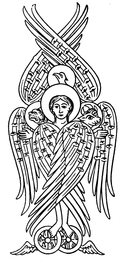 Historical tetramorph engraving with a human face, eagle, lion and ox, wings and wheels
